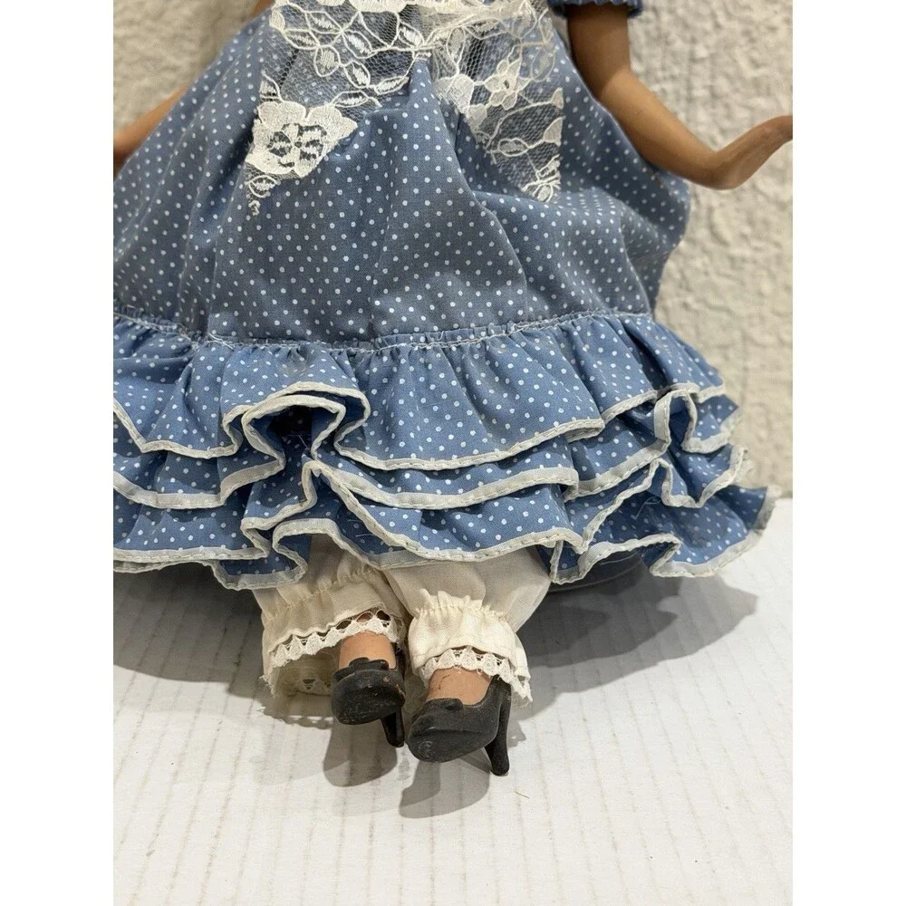 Vintage Porcelain Doll Blue Polka Dot Lace Dress Straw Hat Brunette Display